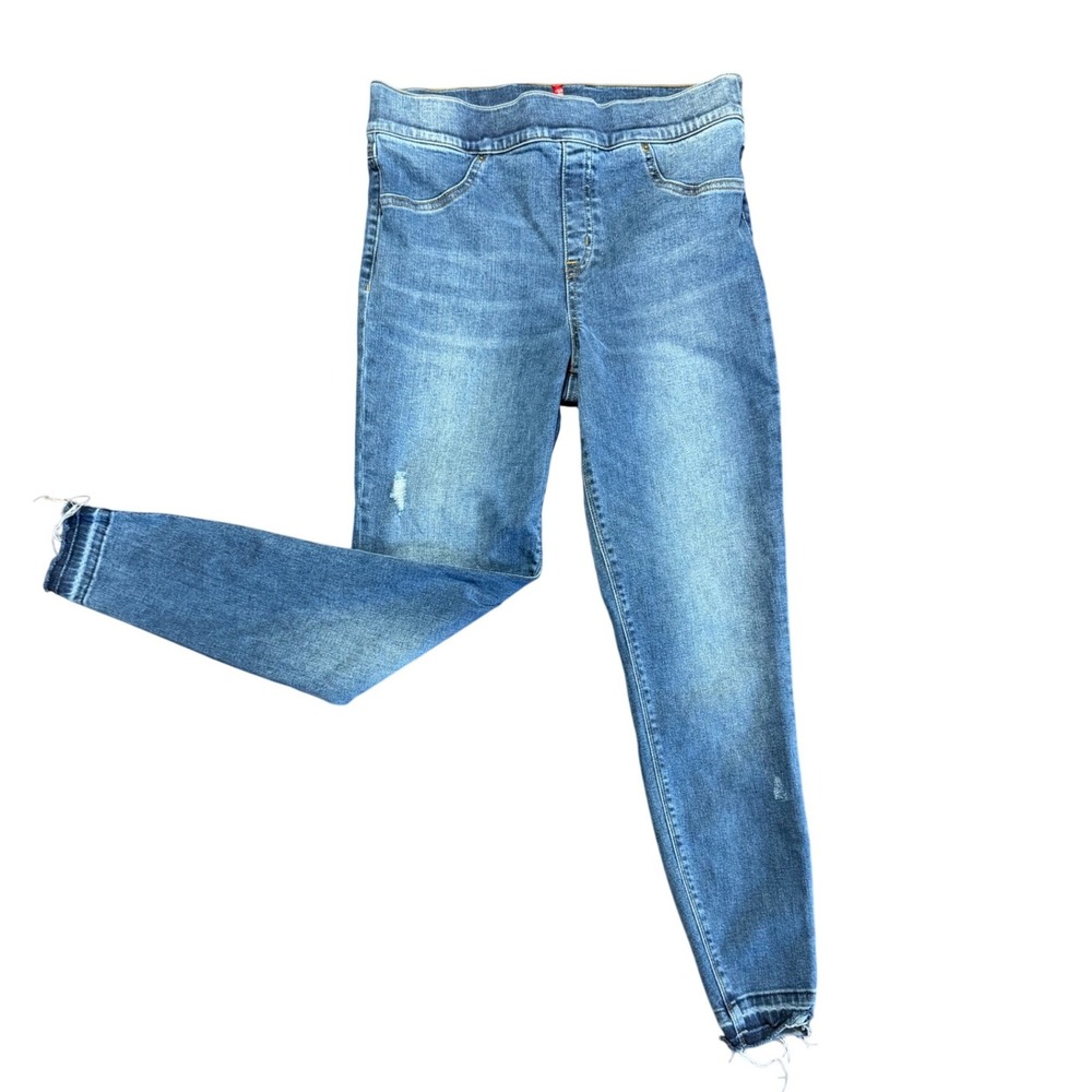 Spanx Jean-ish Ankle Leggings L/G Blue Distressed Raw Hem Pull On Skinny